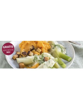 Fenchel in Senf-Dill-Soße mit Räuchertofu und Süßkartoffelpüree